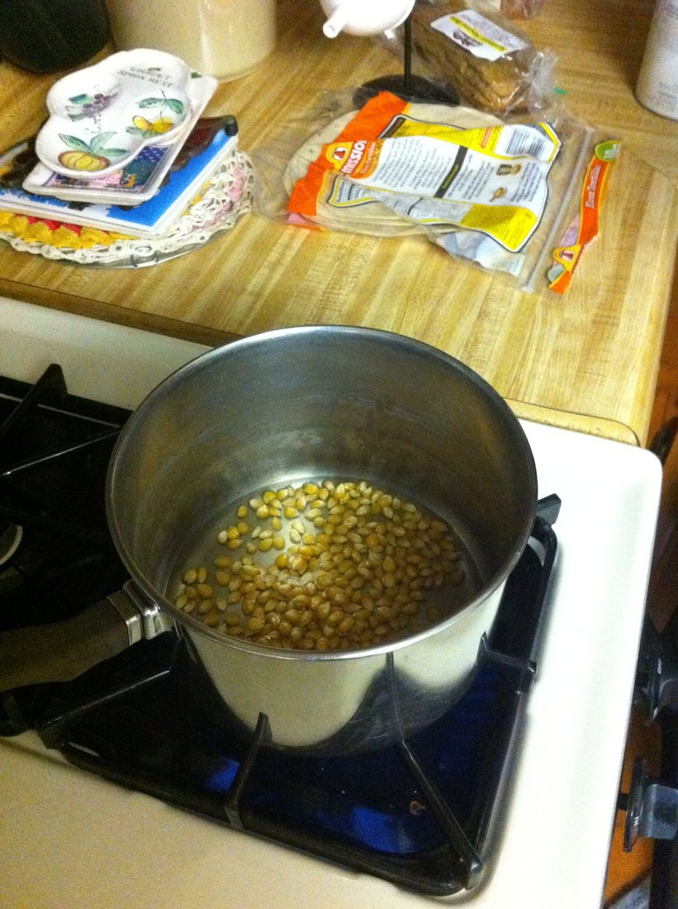 Add the popcorn to the pot. See, not that much popcorn