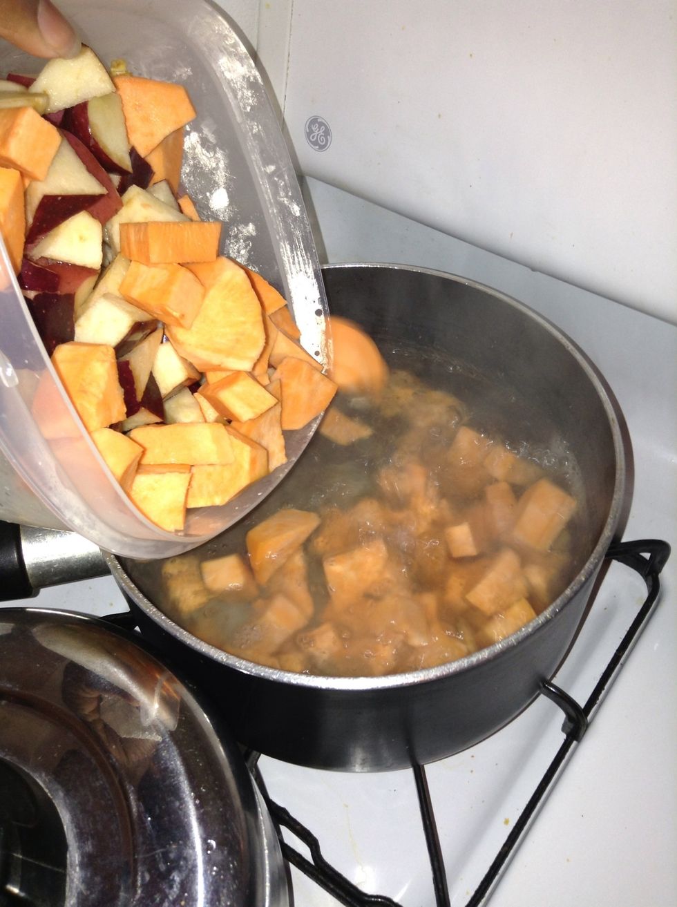 Add the potato apple mixture to the pot of boiling water and cover. Cook until tender and a fork goes through the potatoes easily