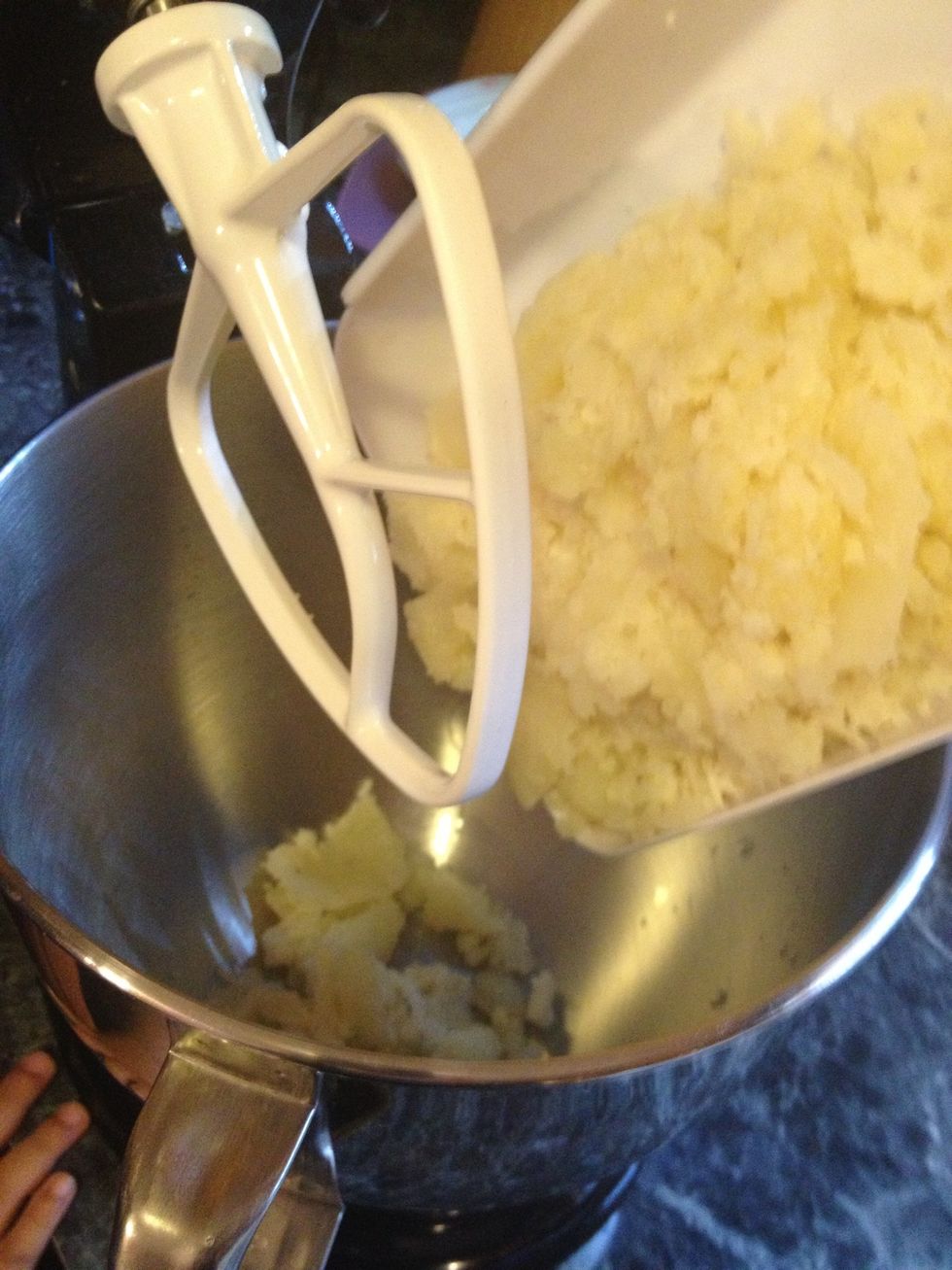 Add the potatoes into your mixer. Ohhh,you don't have one? no problemo, place it in a big bowl and mash with a potato masher.