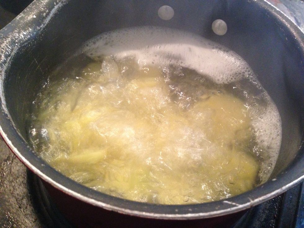 Add the potatoes to boiling salted water they will take approx 20 mins to cook