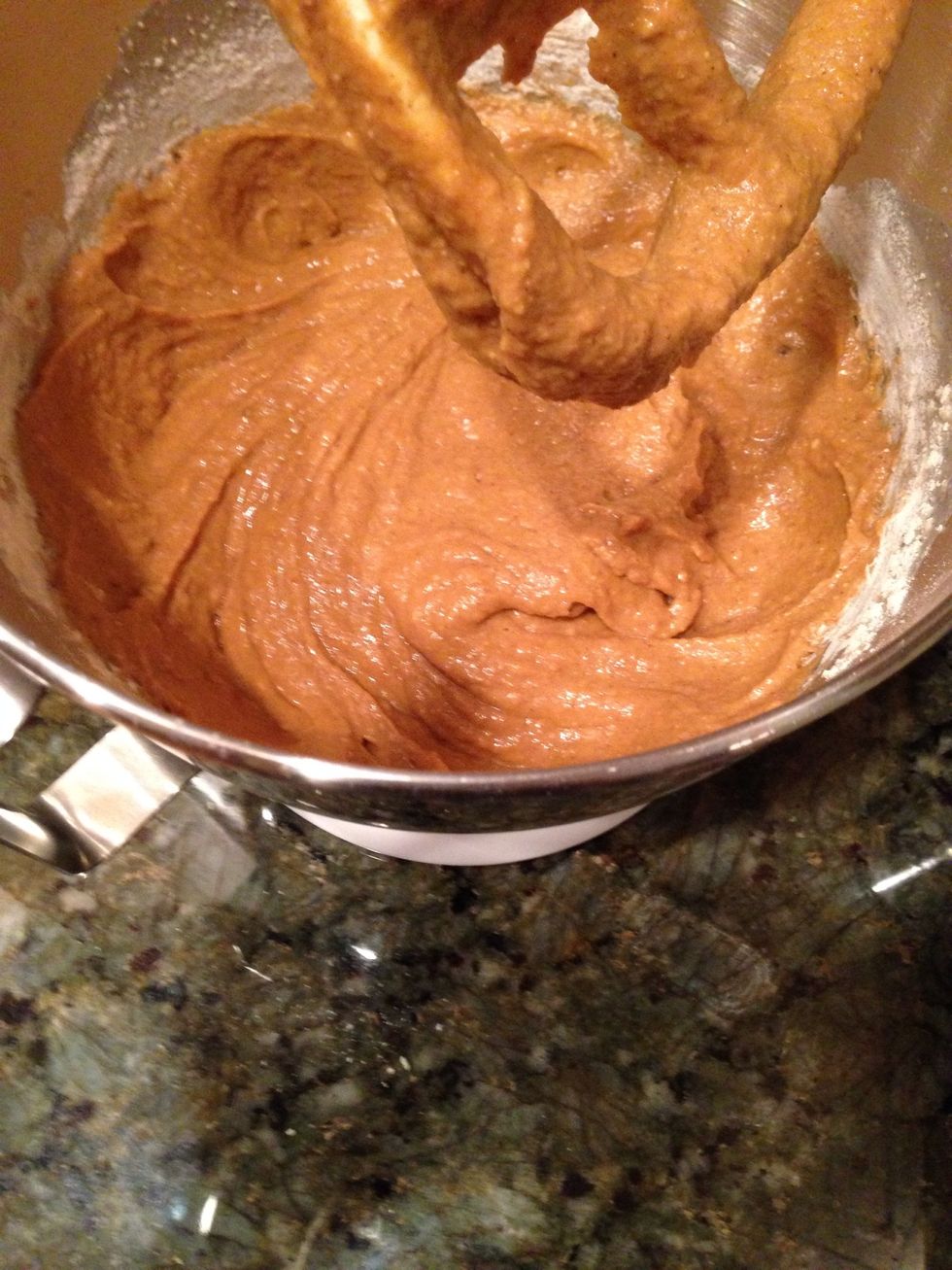 Add the pumpkin, buttermilk and the vanilla to the mixture and whisk until it looks like the picture above