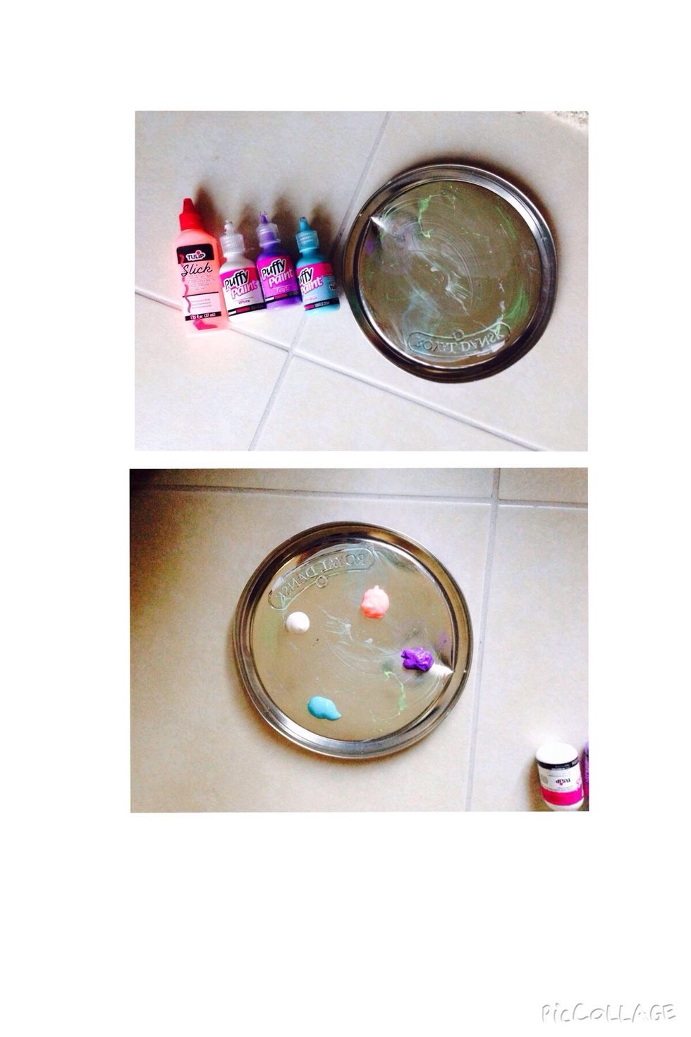 Add the purple, blue, pink, and white fabric paint onto the tray.