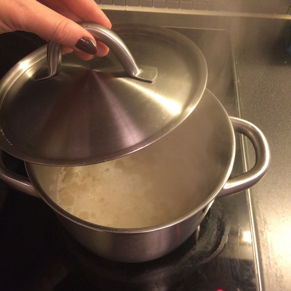 Add the quinoa to boiling water. Turn the heat down and let it simmer with a lid. Make sure the quinoa doesn't absorb all the water (should be a bit water left 1/2 tablespoons).