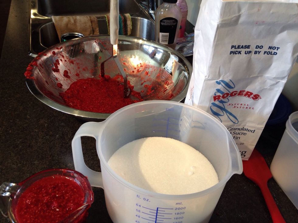 Add the remainder of the sugar (3 cups) into the raspberry/sugar/pectin mixture and stir for 3 minutes.