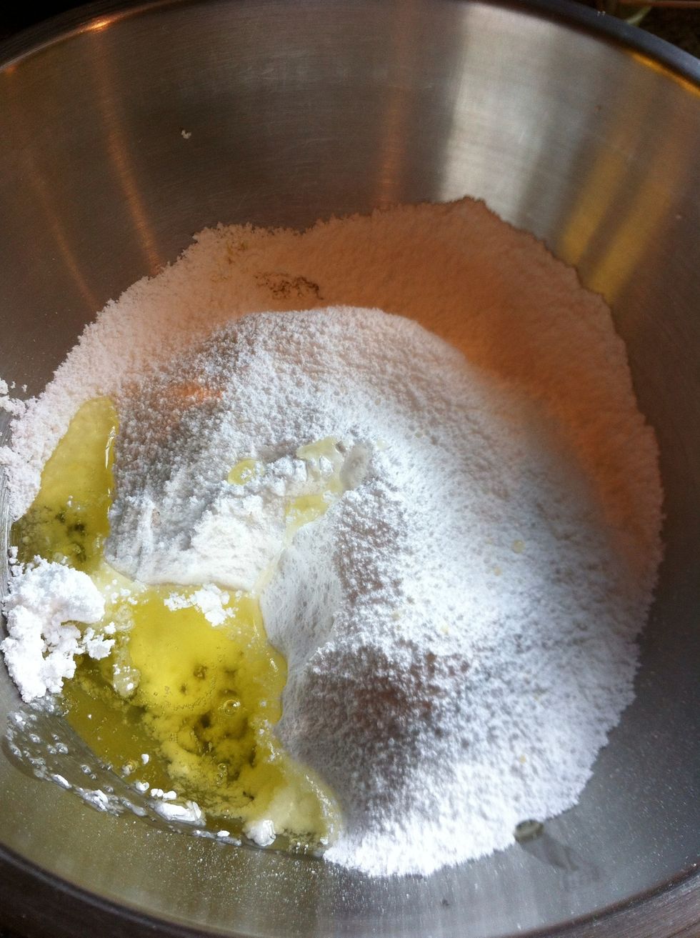 Add the remaining 50g egg whites to the almond flour/sugar mixture. Do not mix.
