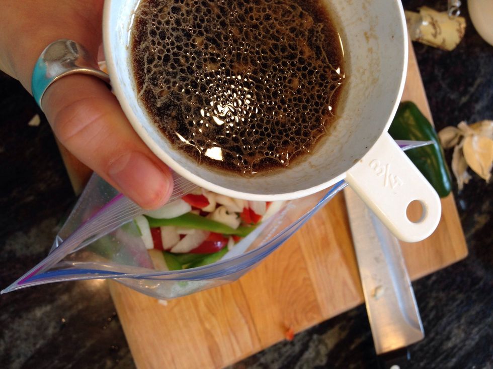 Add the remaining marinade to the veggies, the refrigerate for 1 hour.