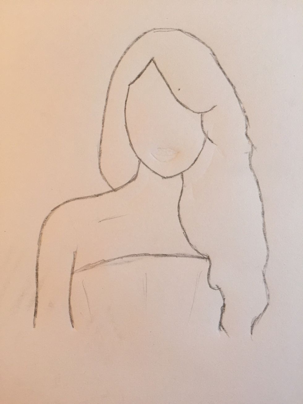 Add the rest of Taylor's torso and sketch in the top of her dress. Don't forget to add the other half of her hair as well.