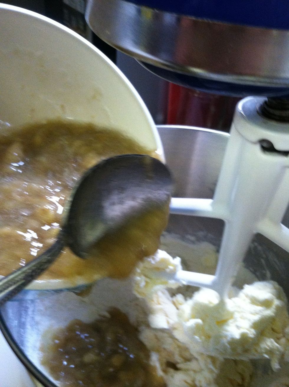 Add the rest of the bananas. Then, blend. Now, add rest of flour.