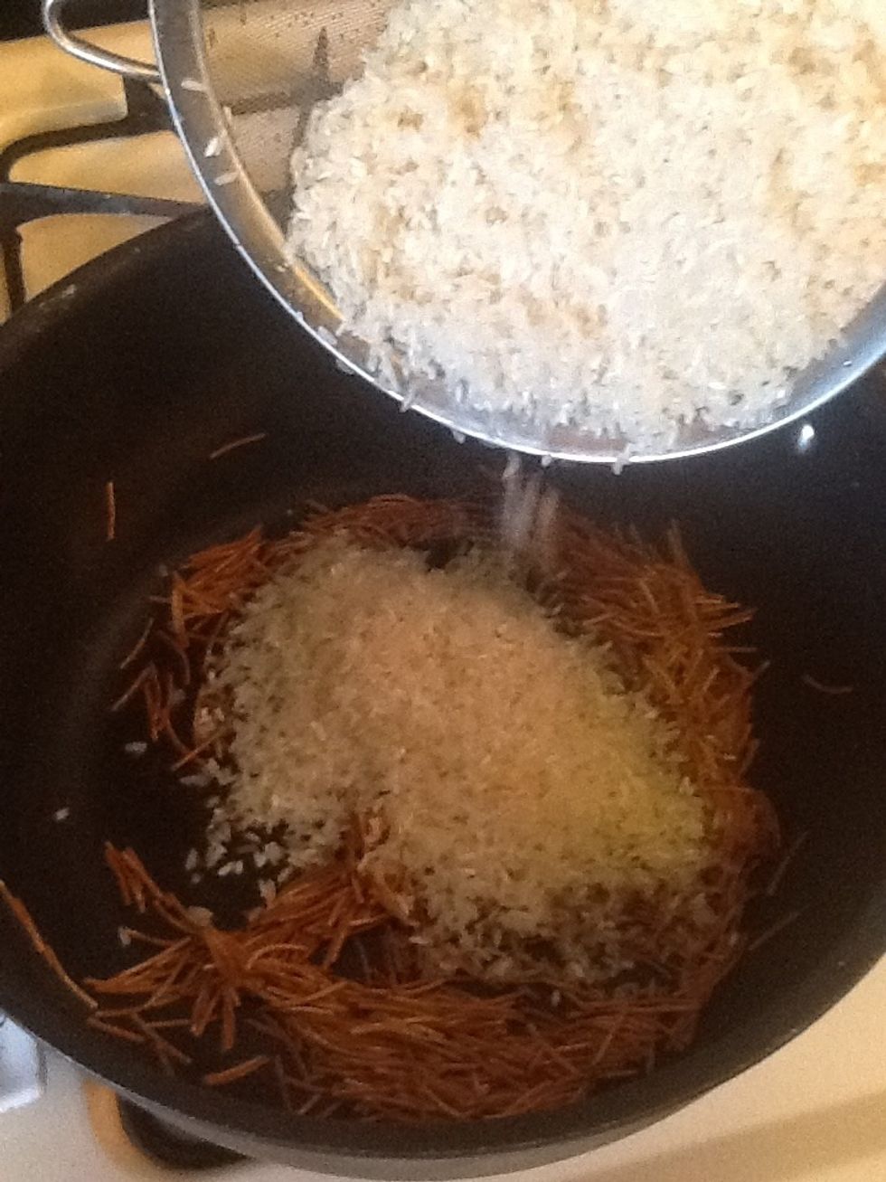 Add the rice next and saut\u00e9 together with the noodles.