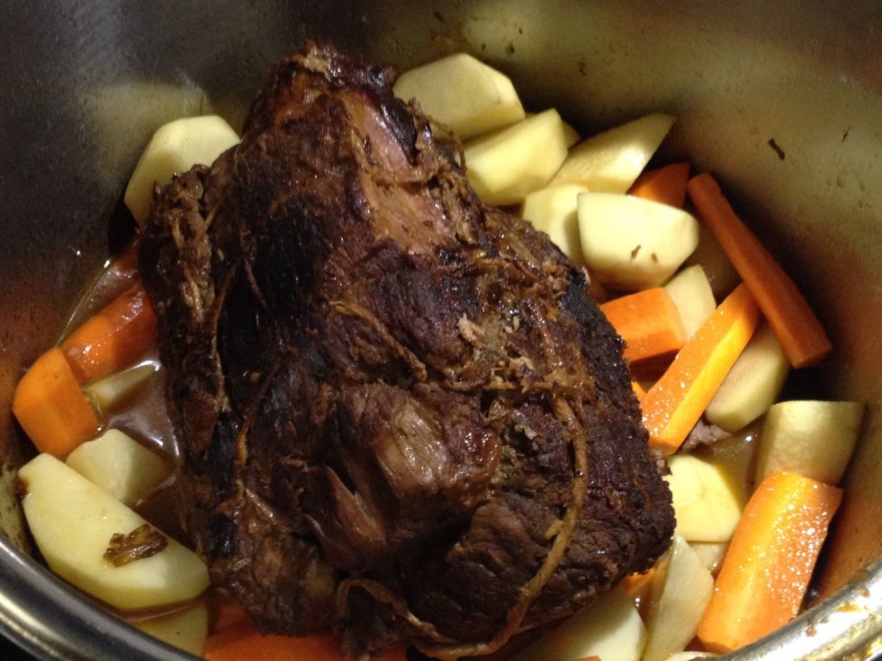 Add the roast and nestle the garnish vegetables around it. Bring liquid to a boil, then simmer until vegetables are tender, 15 to 20 minutes. Tender test: no resistance when pierced with knife.