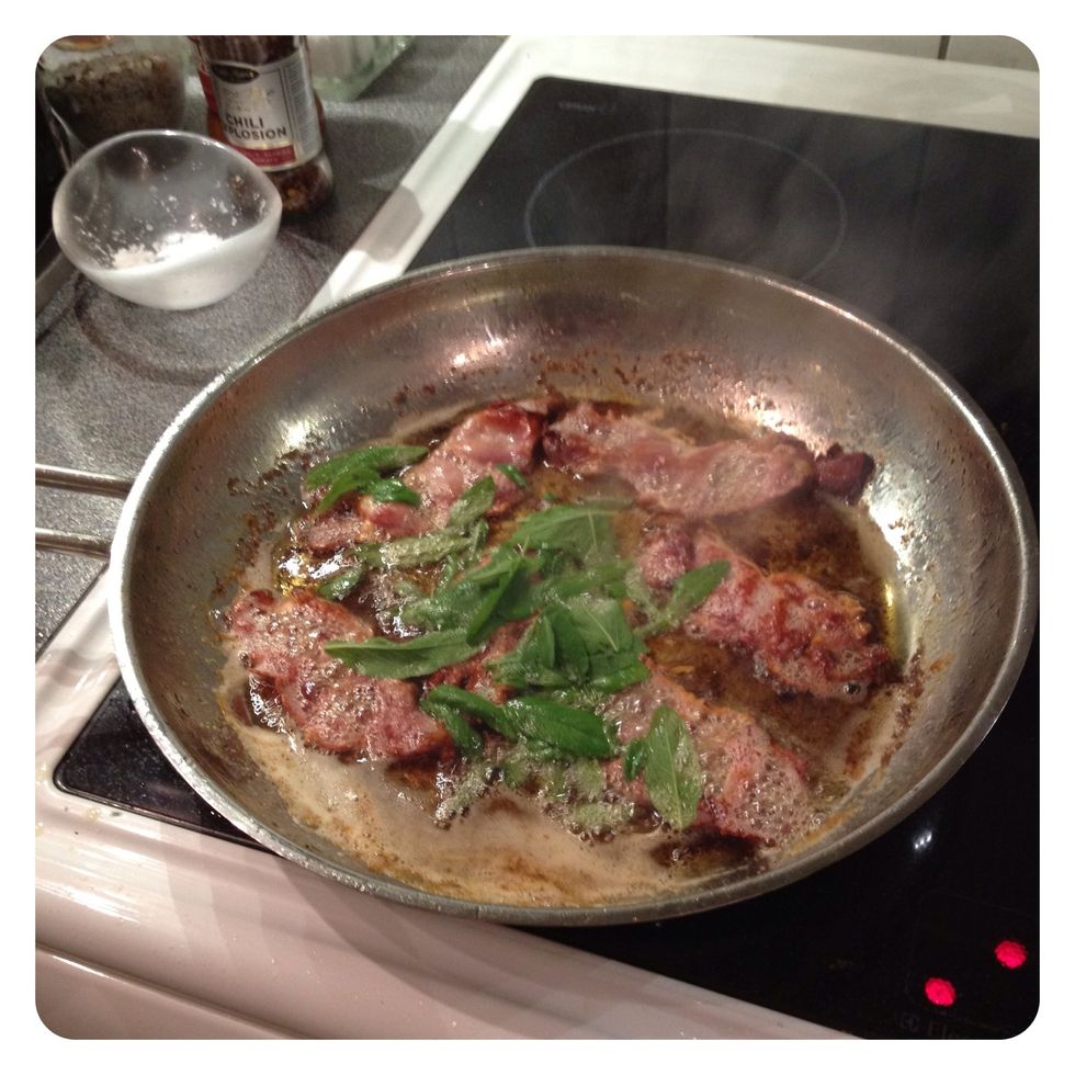 Add the sage leaves - let them fry and be crisp but not brown