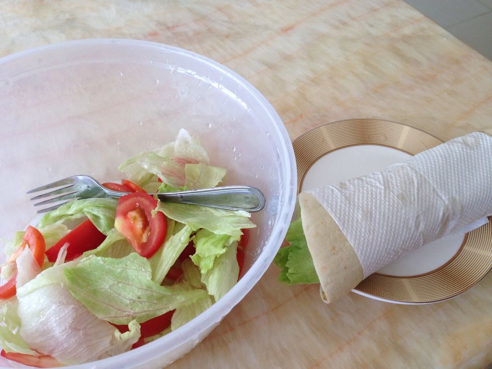 Add the salad dressing into the spare veggie! And, Done! (=\uff9f\u03c9\uff9f)\uff89