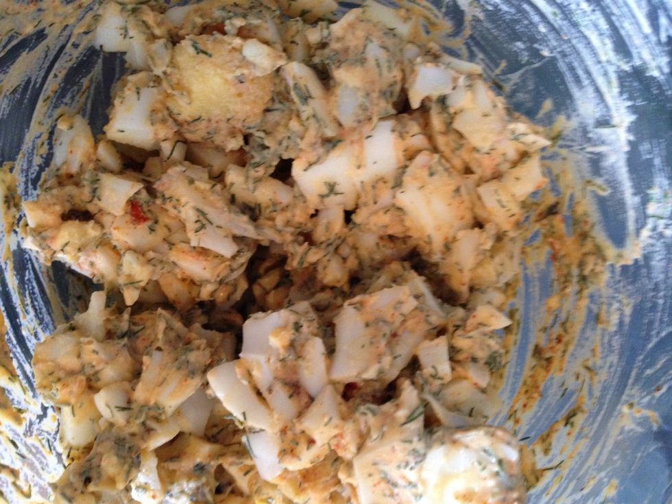 Add the salt and pepper then With a spoon gently mix everything together, you should then taste it and add any more mustard, dill, paprika or mayonnaise to taste.