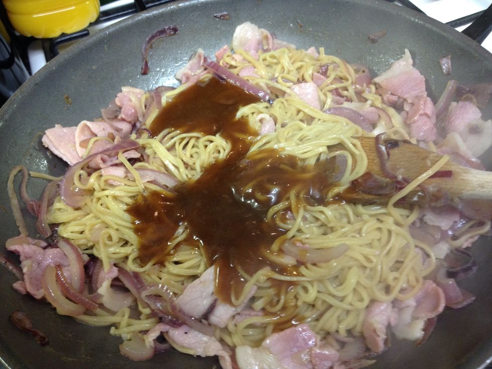 Add the sauce, we added two packets for this amount of noodles