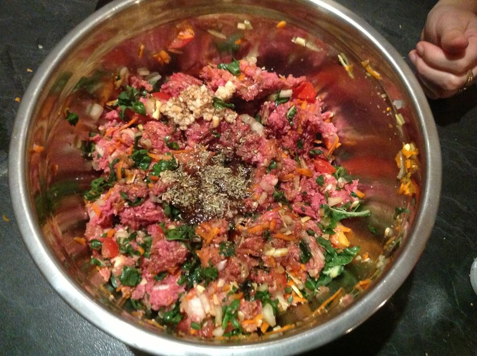 Add the sauces,mixed herbs,salt and pepper and garlic