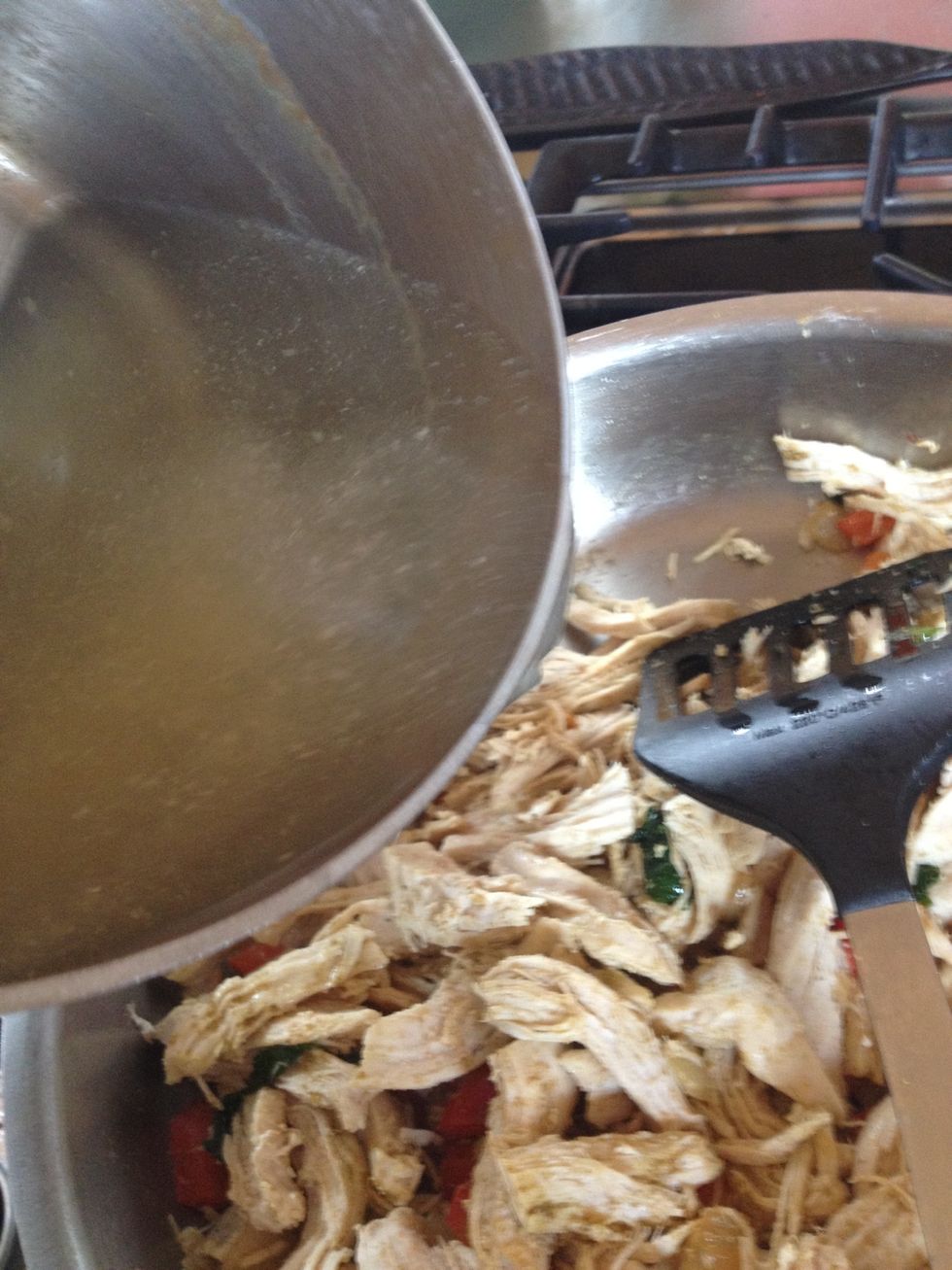 Add the shredde chicken to vegies with some of the chicken broth