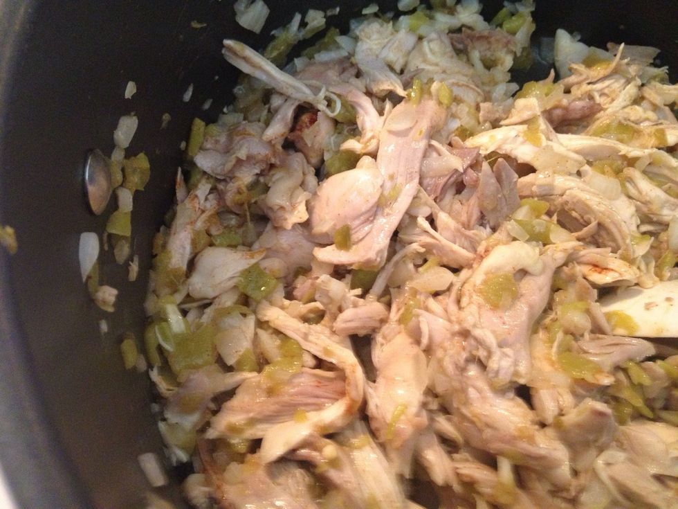 Add the shredded chicken, 1 can of chiles & 1/2 tsp paprika. Stir together.