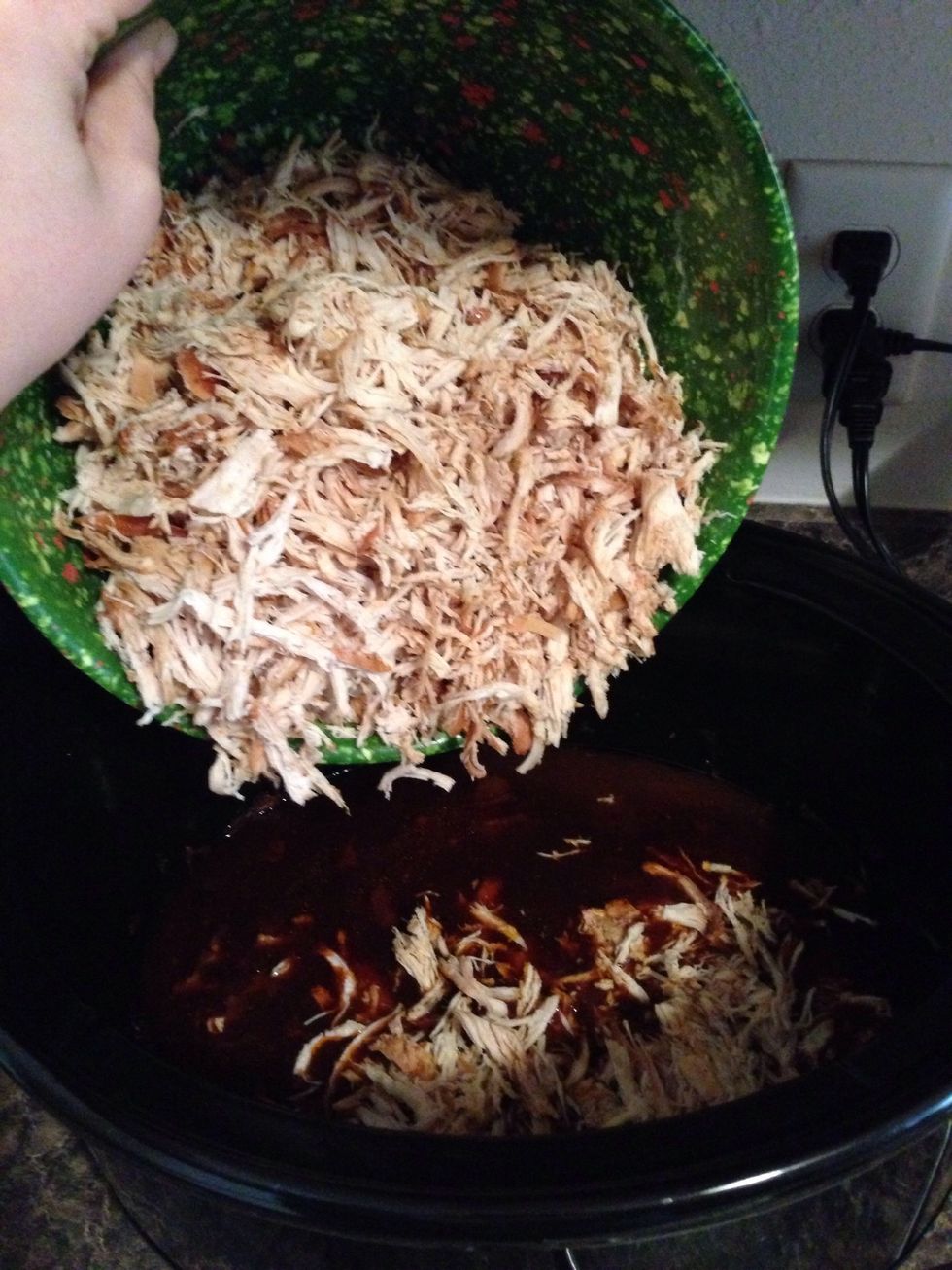 Add the shredded chicken back into the crock pot.