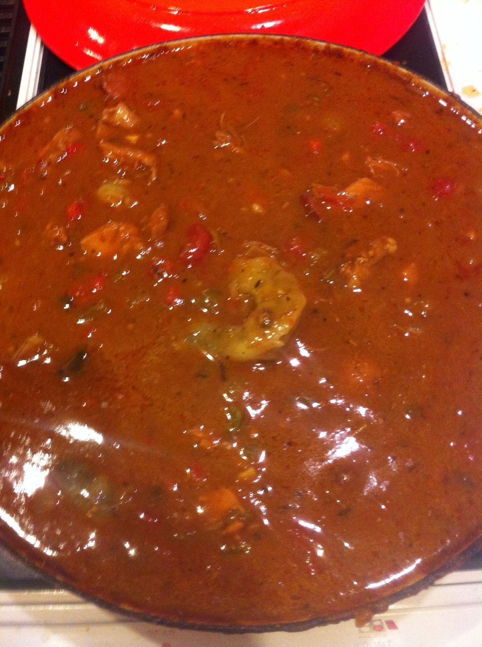 Add the shrimp about 10 min before you are ready to eat. Shrimp will get very tough if they are over cooked