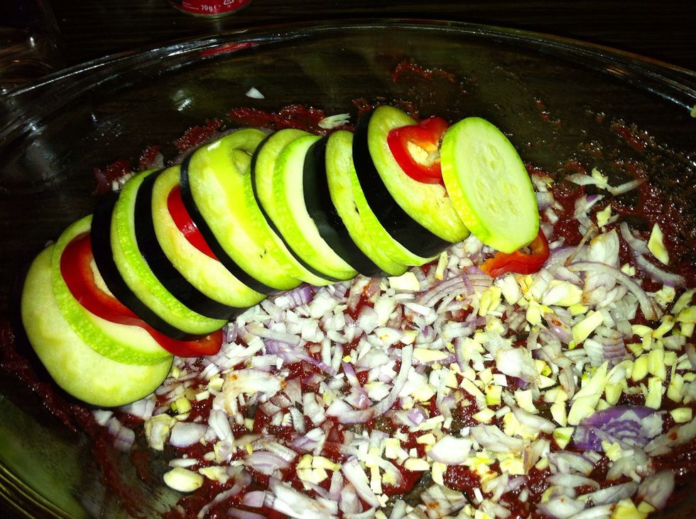 Add the sliced eggplant, zucchini, paprika as seen above.