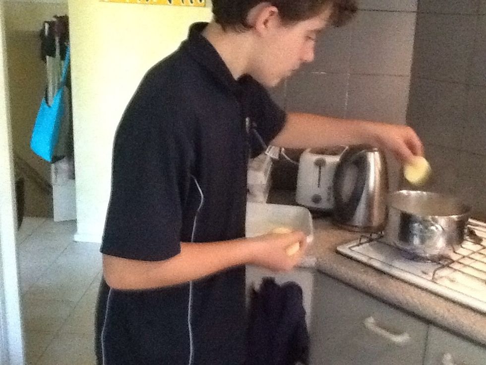 Add the sliced potato into the pot to boil for around 10 minutes.