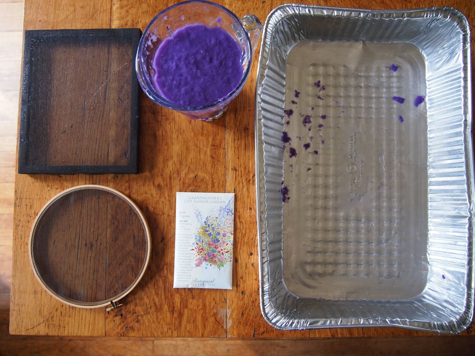 Add the soaked paper with the water to a blender and mix.   Add more water if mixture isn\u2019t smooth.  Then get your screen and seeds and set up an old towel to lay the seed paper out.