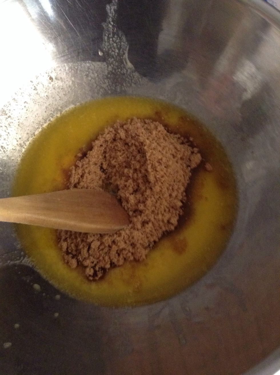 Add the softened butter and the brown sugar to your mixing bowl and combine. (I accidentally put my butter in the micro for too long so yours will look different)