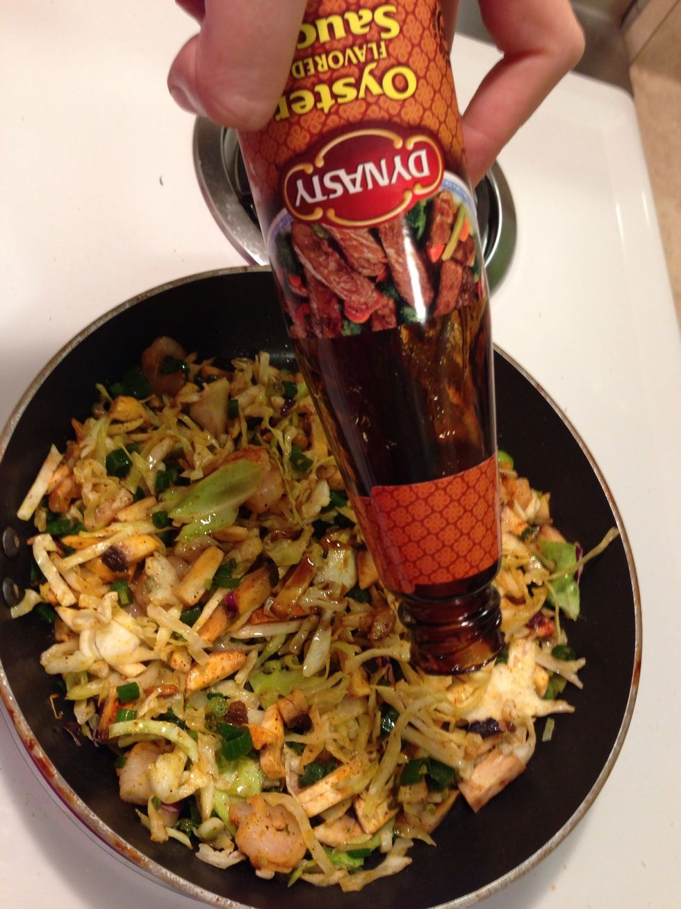 Add the soy sauce and the oyster sauce