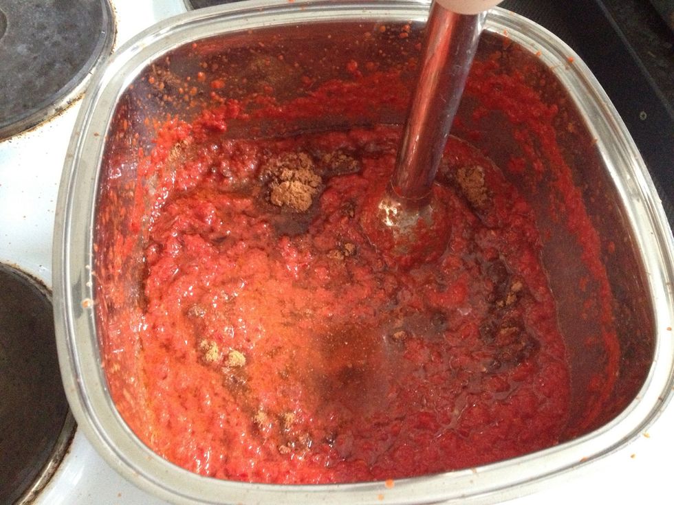 Add the spices and olive oil blend well Cook on low heat for 15 minutes