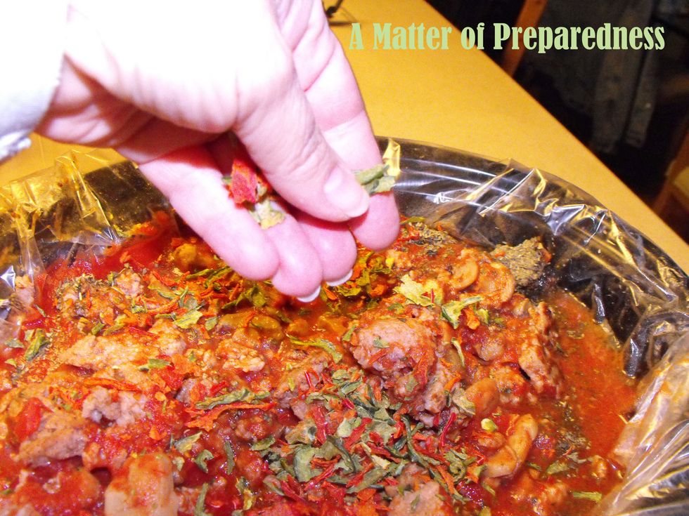 Add the spices.  (Many of my dehydrated spices came from my own garden.  It's amazing how much money you can save by growing your own herbs etc).