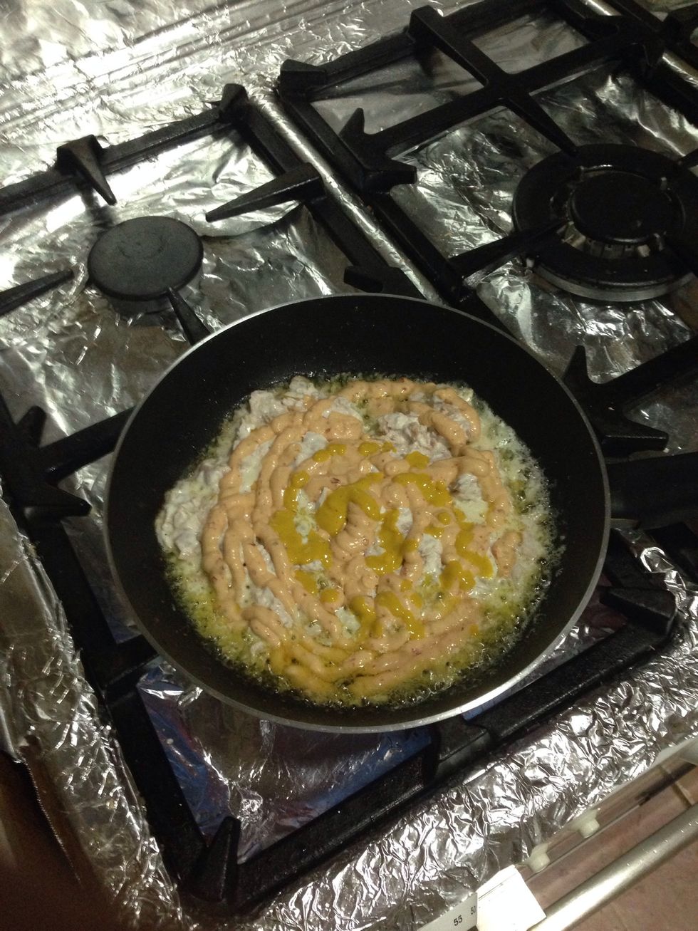 Add the Spicy Mayo (or mayo) and Mustard.