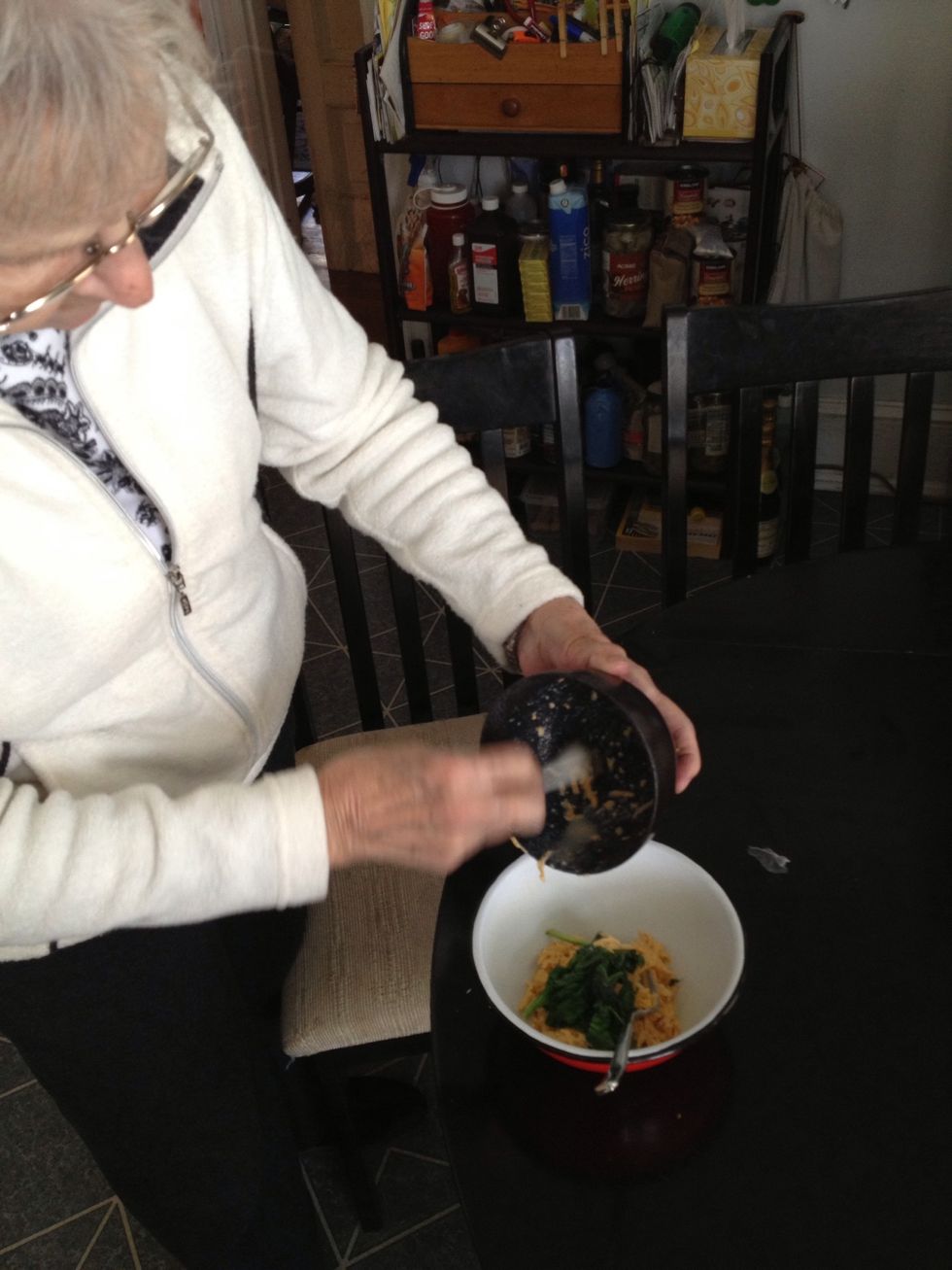 Add the spinach to the cheese mixture, make sure all excess liquid is drained beforehand