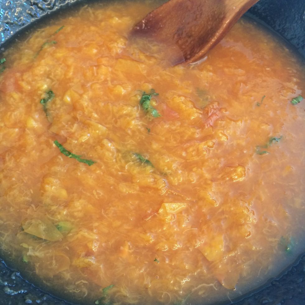 Add the sprigs of mint and simmer on low till syrup thickens. Then remove from heat and leave to cool.