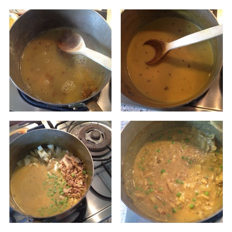 Add the stock, bring to the boil, add your ingredients and bring to the boil. I'm serving it with rice and the last bit of my gooseberry chutney, not to worry the gooseberry are in season soon.