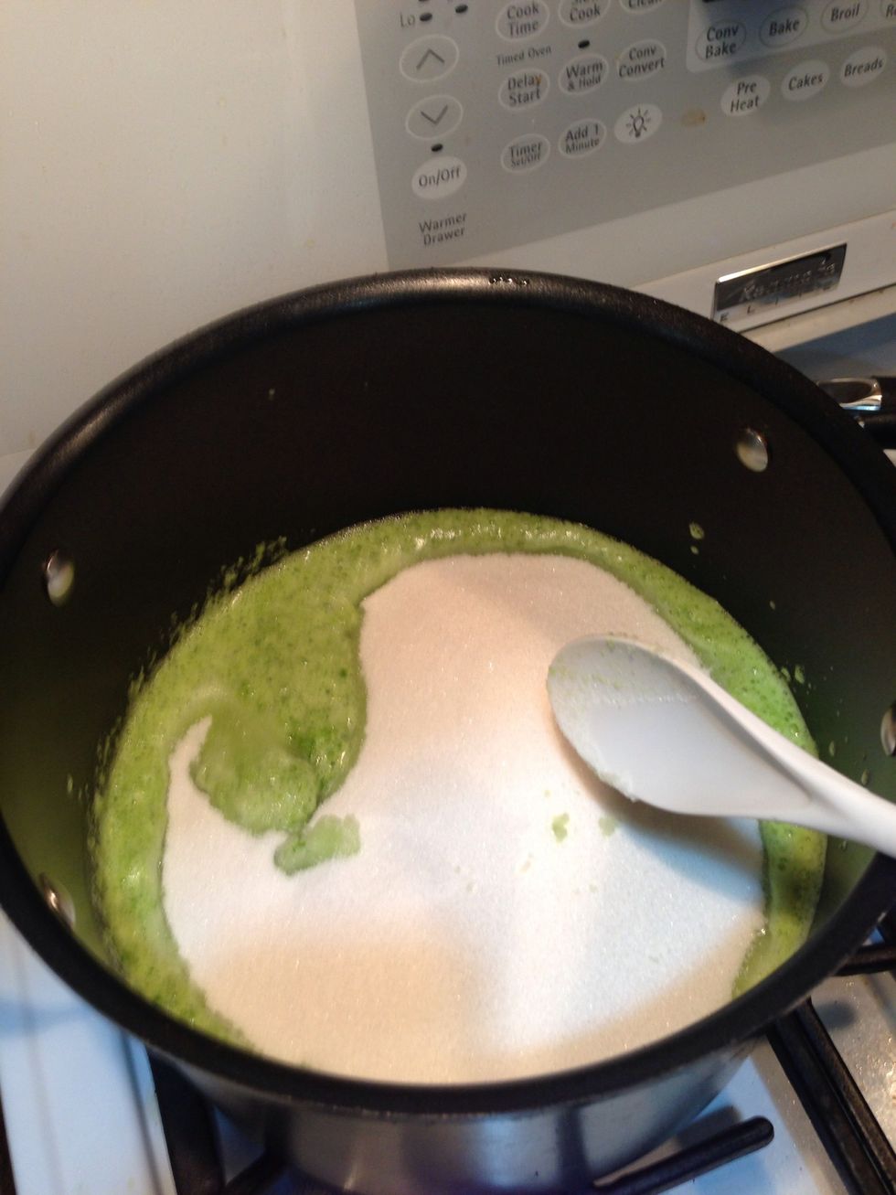 Add the sugar, turn the heat on high you need to boil this...