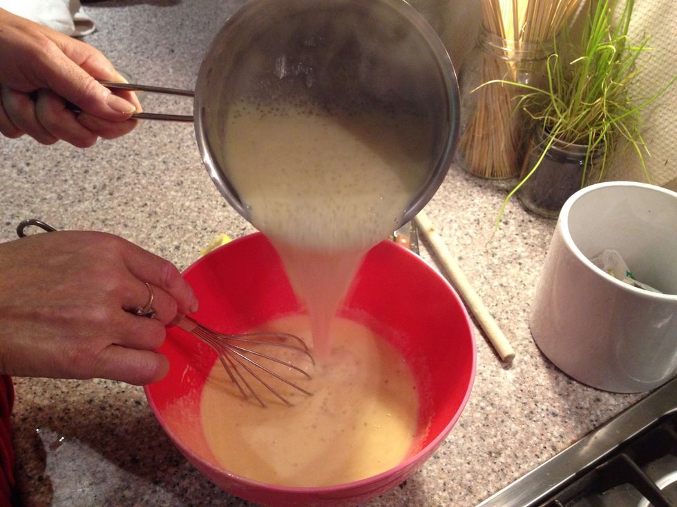 Add the tapioca/egg whisk mix to the rest of the egg/sugar whisk while whisking. A lot of whisking going on \ud83d\ude04