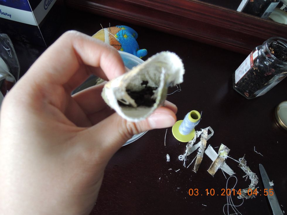 Add the tea, however much you want (I made a really small one so I didn't put that much in). If you end up making a big sachet and don't want to use a lot of tea, stuff it with cotton balls)