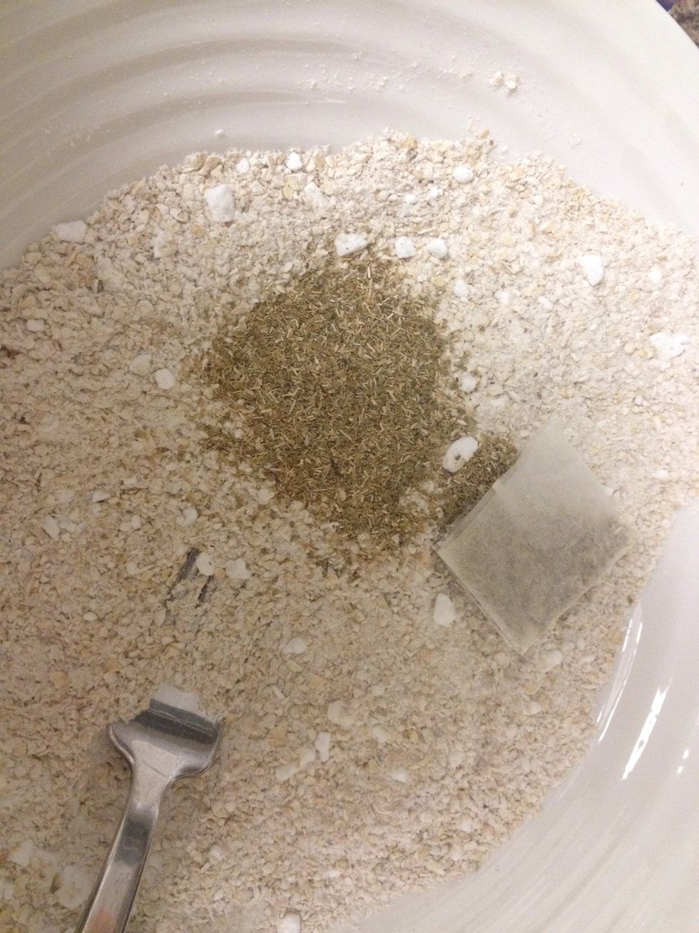 Add the teas (here i am using 5-6 camomile tea bags - cut open & pour) feel free to use any old tea bags you don't want to drink!