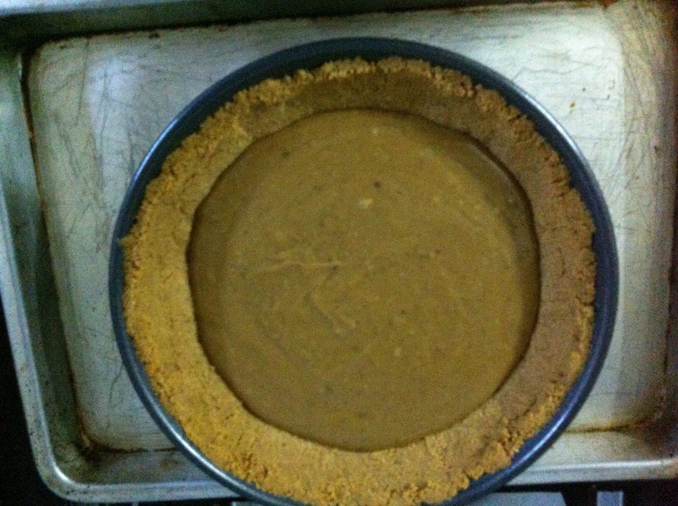 Add the toffee to the prepared crust and chill in the refrigerator for about 1-2 hours or untill the toffee is no longer warm