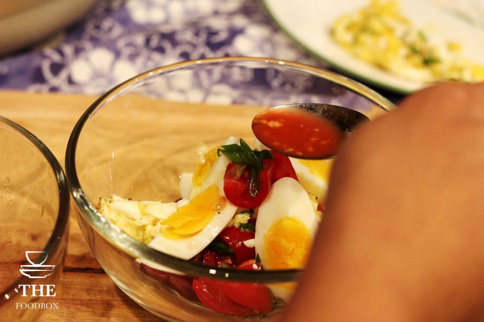Add the tomato juices to the egg salad.