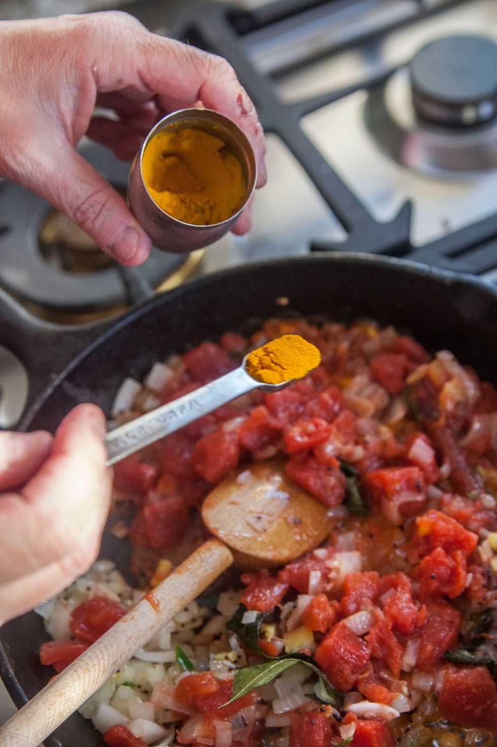 Add the tomatoes and turmeric to the spice mix.