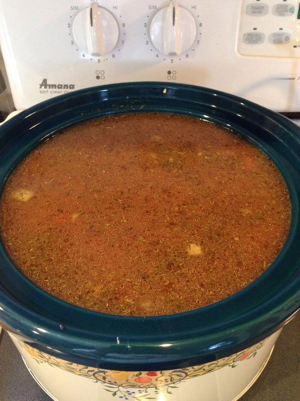 Add the tomatoes with their juice, the broths, thyme, and the barley to the slow cooker. Cover and cook on either low or high until the beef is tender. 6-7 hours on low or 4-5 hours on high.