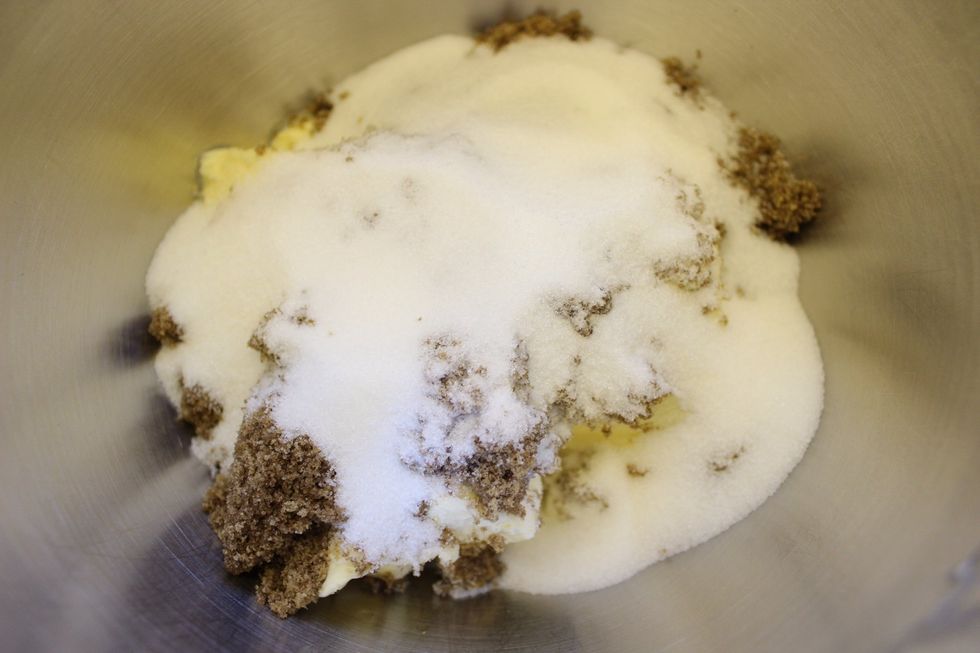 Add the unsalted butter (softened), granulated white sugar, and brown sugar into a stand mixer bowl.
