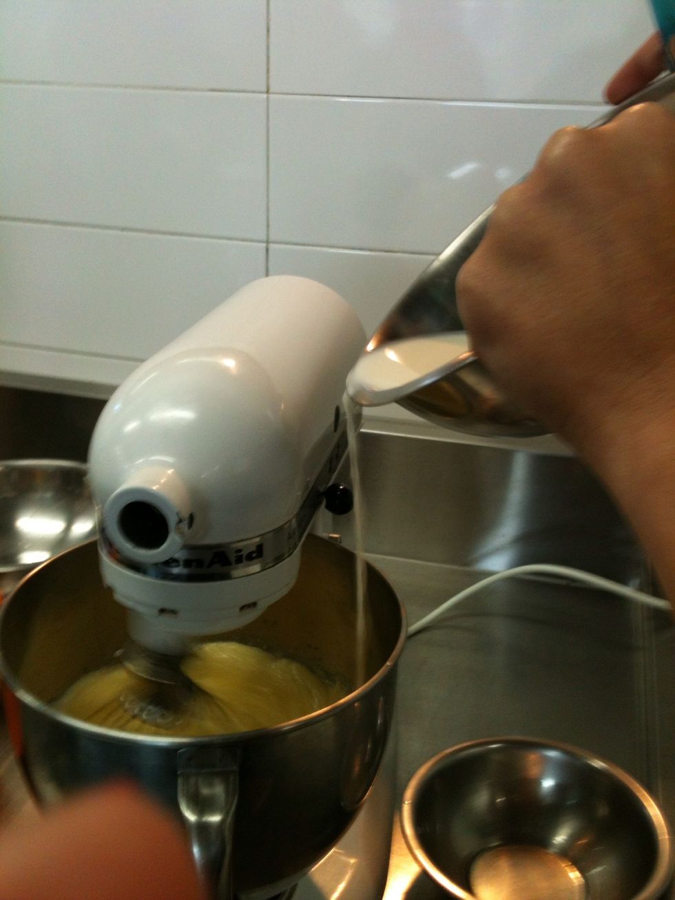Add the Vegetable oil in a thin and stready stream. Add the Milk in a thin and stready stream.