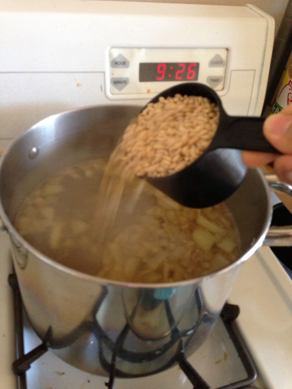 Add the vegetables and 1 cup of barley to the broth. Bring to a boil then set flame on low and simmer for 25 minutes. Add the lentils and tomatoes and cook for 20 minutes more.