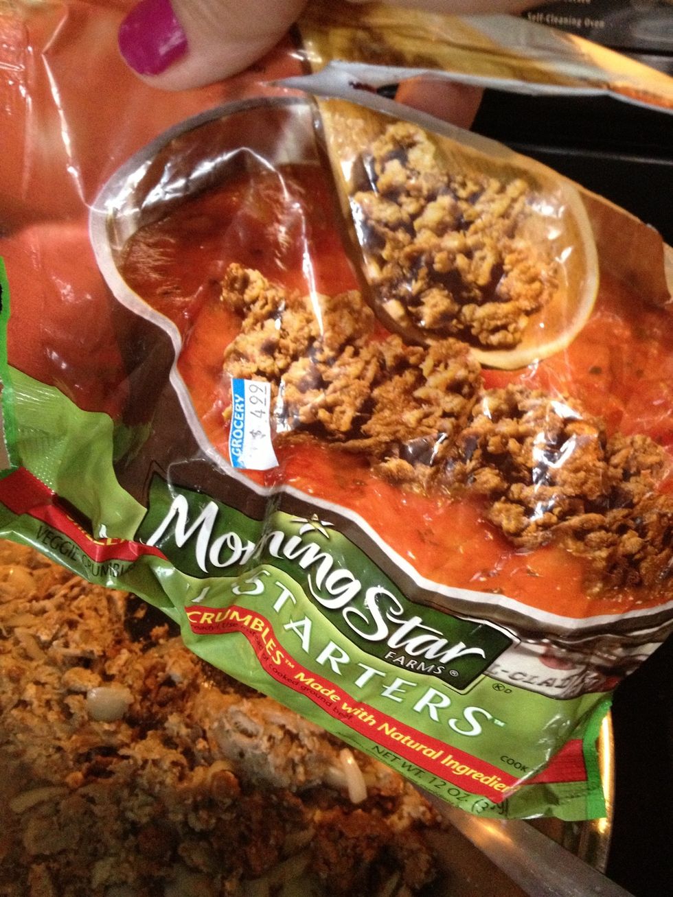 Add the vegetarian meat substitute.
