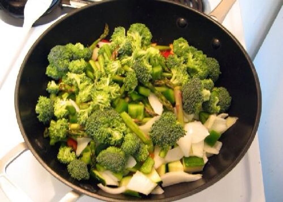 Add the veggies! Place another teaspoon of rice wine in at this point if you would prefer a slightly less tangy stir fry. 11