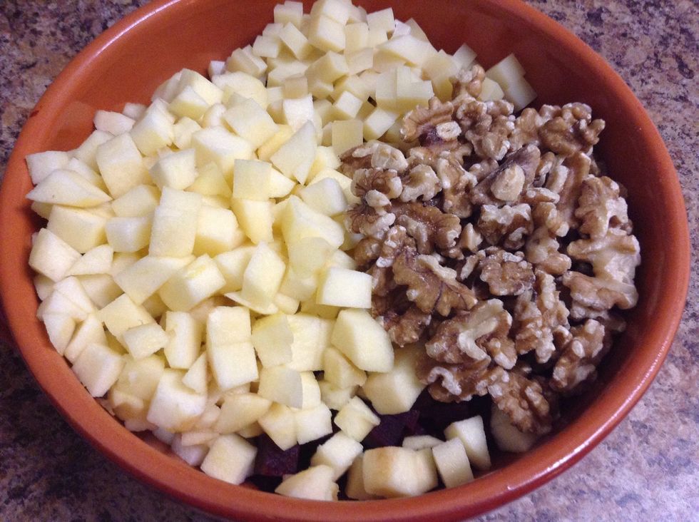 Add the walnuts to the bowl (it was originally done with chestnuts but could not find any).