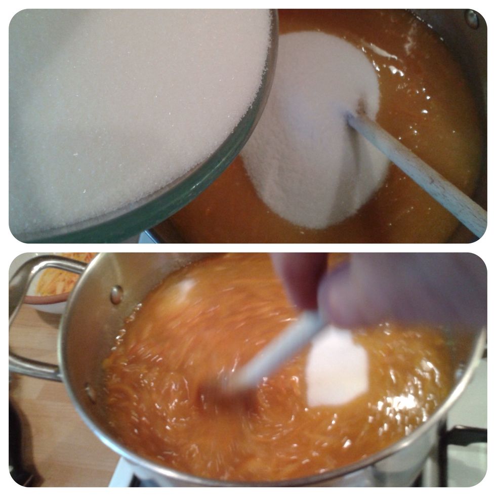 Add the warmed sugar and stir until it's dissolved.
