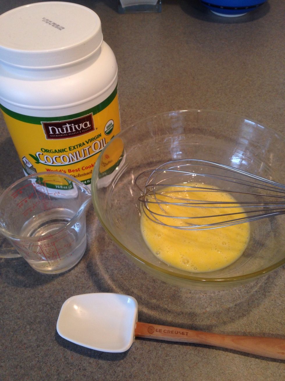 Add the water (1/3 of the original amount) and oil (again, 1/3 of the original). *I used melted coconut oil instead and added it after the dry mix (next).